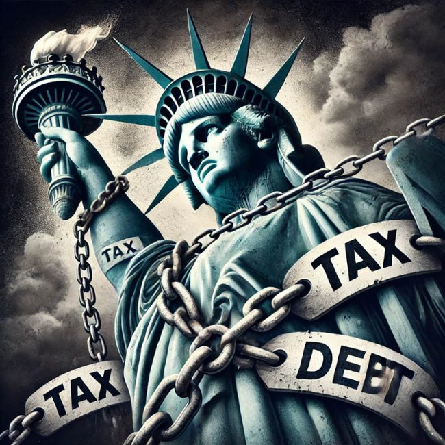 Statue of Liberty weighed down by heavy chains